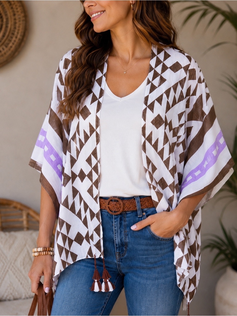 Cotton Santa Fe Pattern Kimono with Tassels White, Purple, and Brown - Picture 4 of 7
